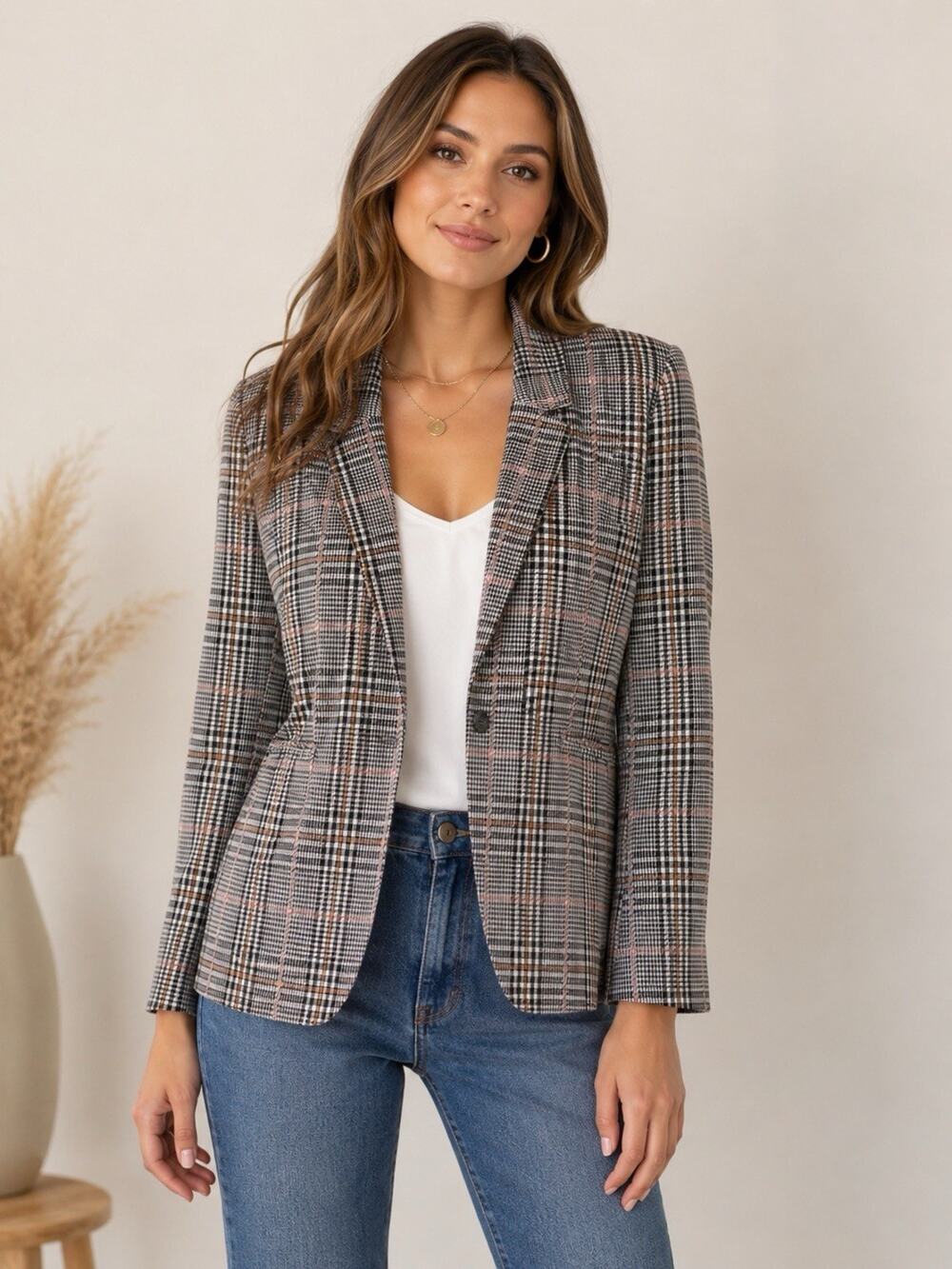 Old Navy Plaid Blazer Jacket Houndstooth Pink Brown XL Dark Academia Office
